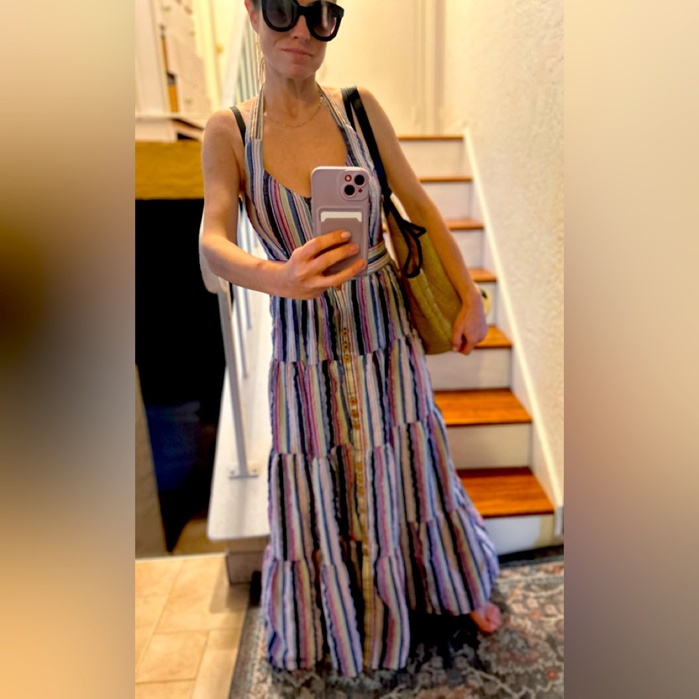 Anthropologie Maeve Striped Halter Tiered
Button Front Dress Size 8 - Picture 2 of 16